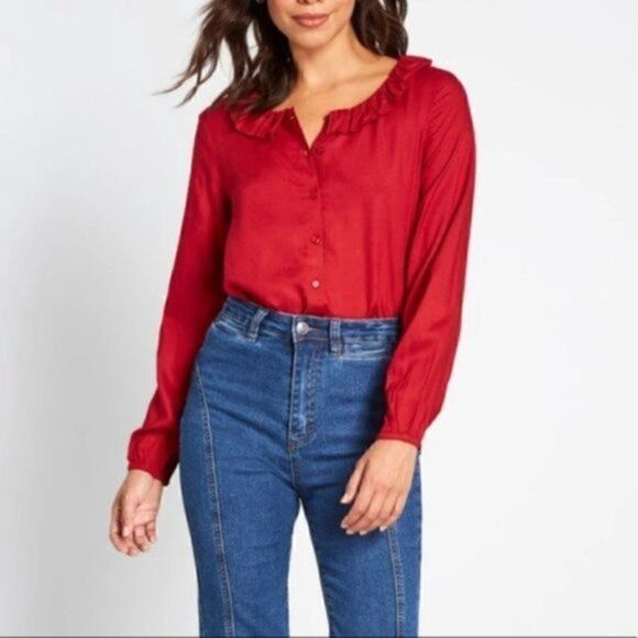 Modcloth Ruffle Collar Blouse The Frill Of It Top Red S - Picture 1 of 12